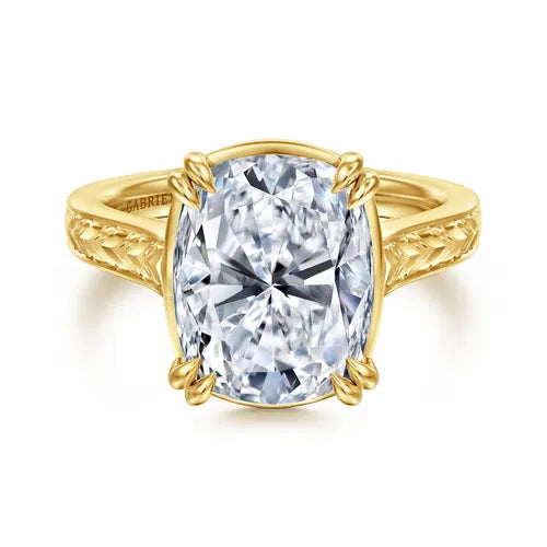 Vintage Inspired 14K Yellow Gold Elongated Cushion Solitaire Diamond Engagement Ring