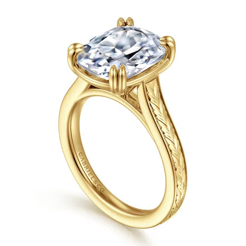 Vintage Inspired 14K Yellow Gold Elongated Cushion Solitaire Diamond Engagement Ring