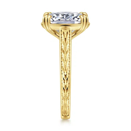 Vintage Inspired 14K Yellow Gold Elongated Cushion Solitaire Diamond Engagement Ring