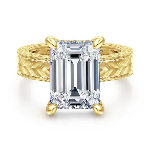 Vintage Inspired 14K Yellow Gold Emerald Cut Diamond Engagement Ring