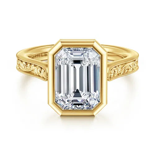 Vintage Inspired 14K Yellow Gold Emerald Cut Solitaire Diamond Engagement Ring