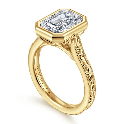 Vintage Inspired 14K Yellow Gold Emerald Cut Solitaire Diamond Engagement Ring