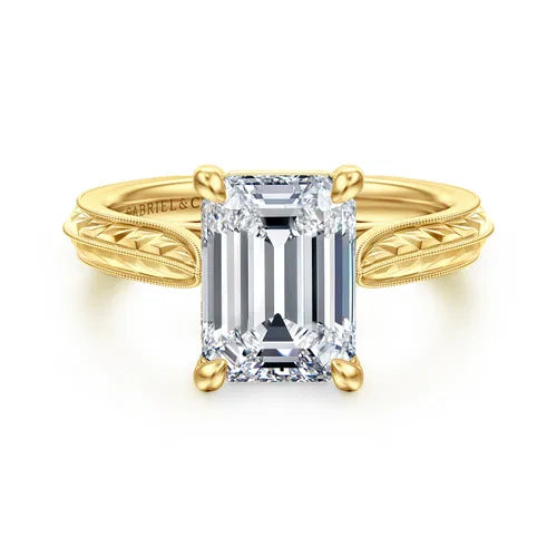 Vintage Inspired 14K Yellow Gold Emerald Cut Solitaire Diamond Engagement Ring