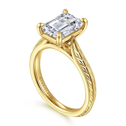 Vintage Inspired 14K Yellow Gold Emerald Cut Solitaire Diamond Engagement Ring