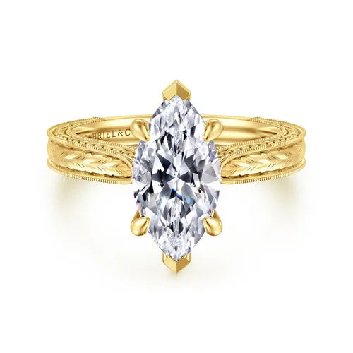 Vintage Inspired 14K Yellow Gold Marquise Shape Solitaire Diamond Engagement Ring