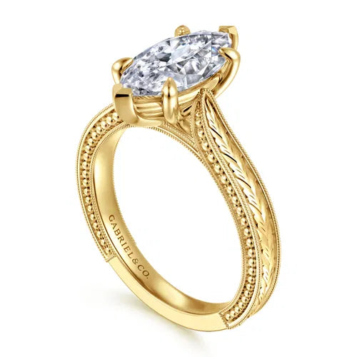 Vintage Inspired 14K Yellow Gold Marquise Shape Solitaire Diamond Engagement Ring