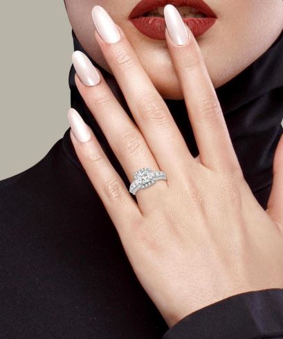 Glamorous Princess Cut Diamond Halo Engagement Ring in 14K White Gold | Gemmas Jewelers