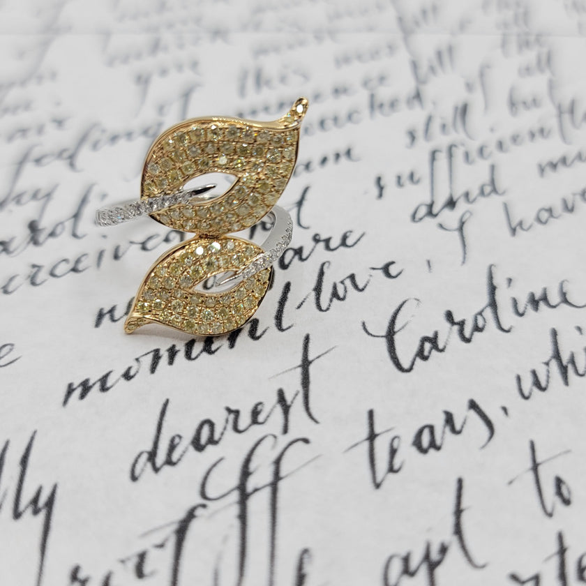 Glamorous Yellow Diamond Crossover Leaf Design Cocktail Ring in 14K Gold | Gemma's Jewelers
