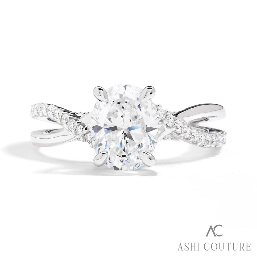 Gorgeous Couture Oval Diamond Bypass Engagement Ring in 14K White Gold