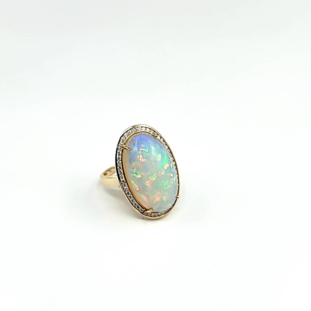 Gorgeous Diamond Ring with an Amazing 17 Carat Opal in 14K Yellow Gold | Gemma's Jewelers