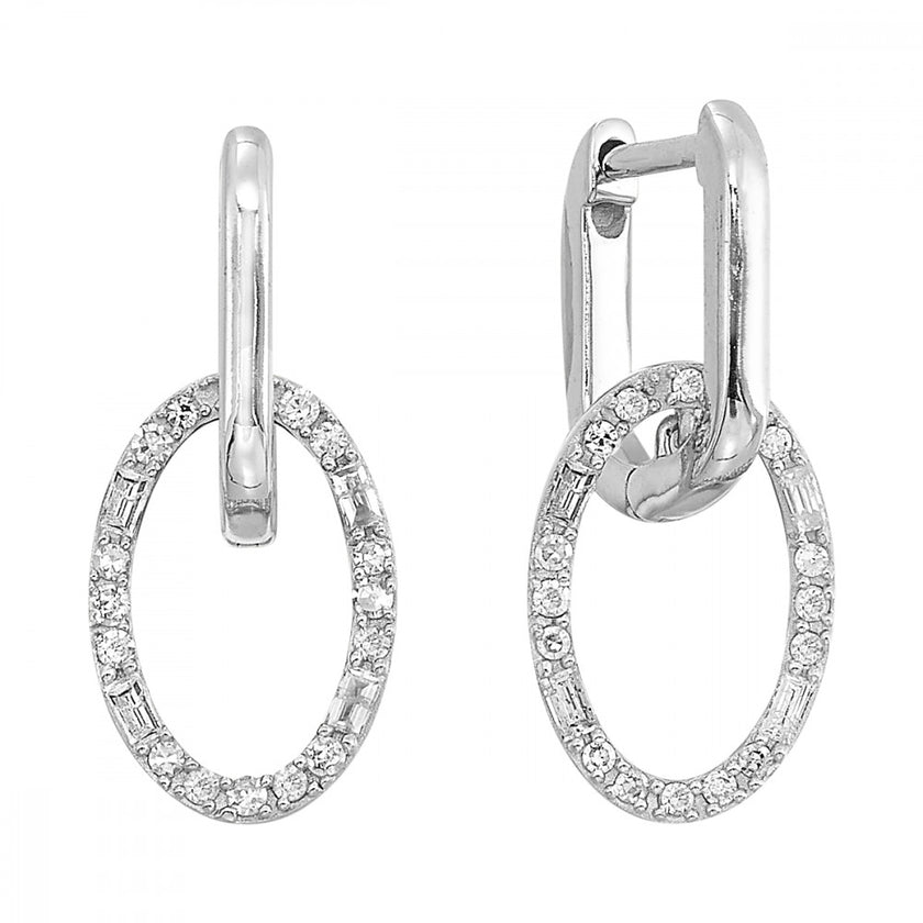 Gorgeous Round & Baguette Diamond Drop Hoop Earrings in 10K | Gemmas Jewelers