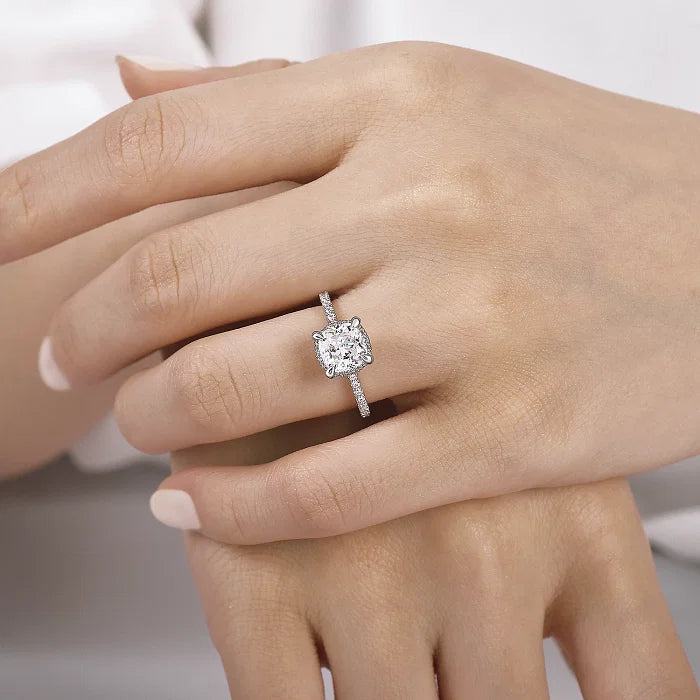 Cushion cut hidden halo engagement ring hotsell