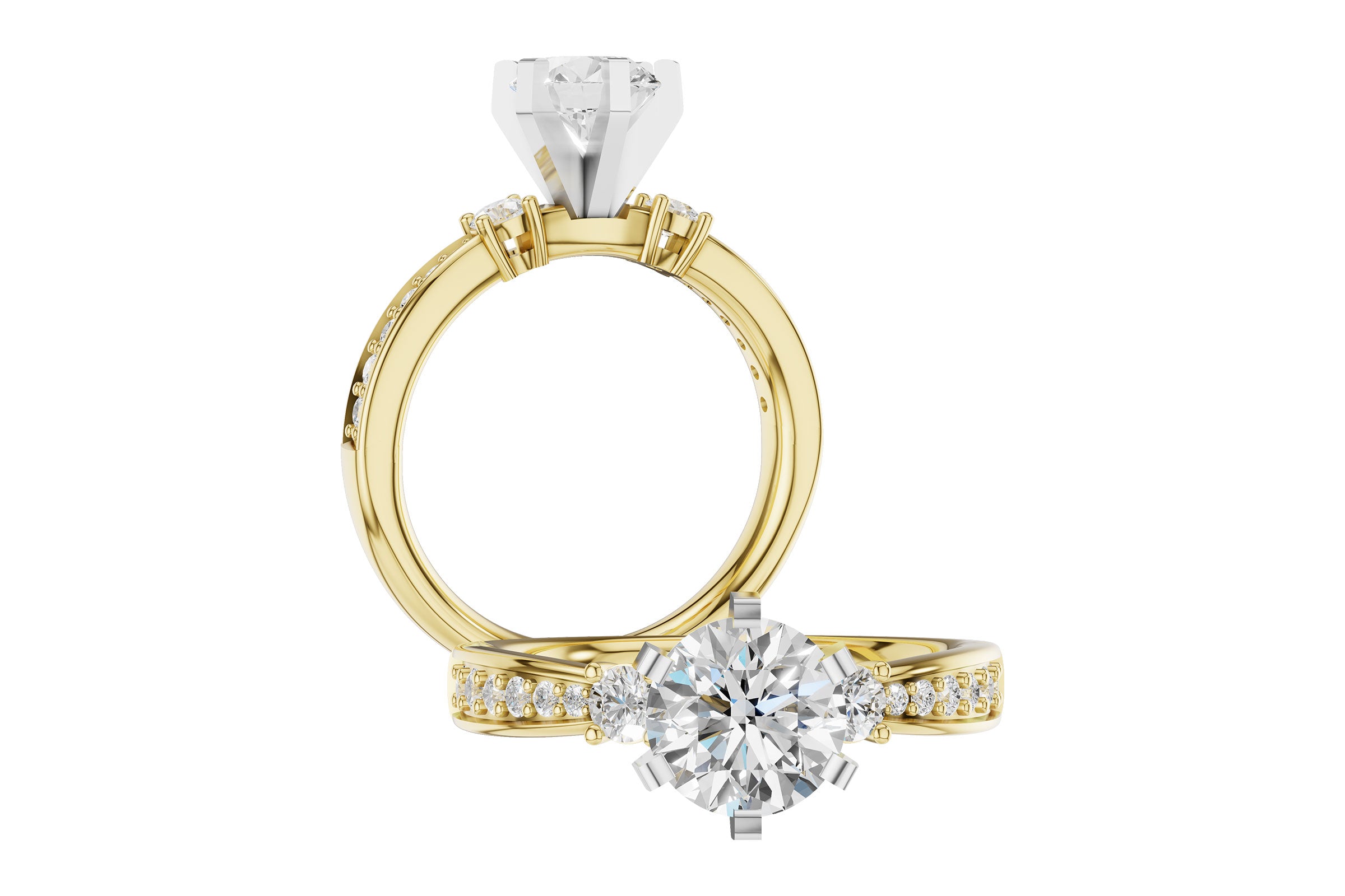 Gorgeous Six-Prong Semi-Mount with Pave Diamond Shoulders in 14K Yellow Gold