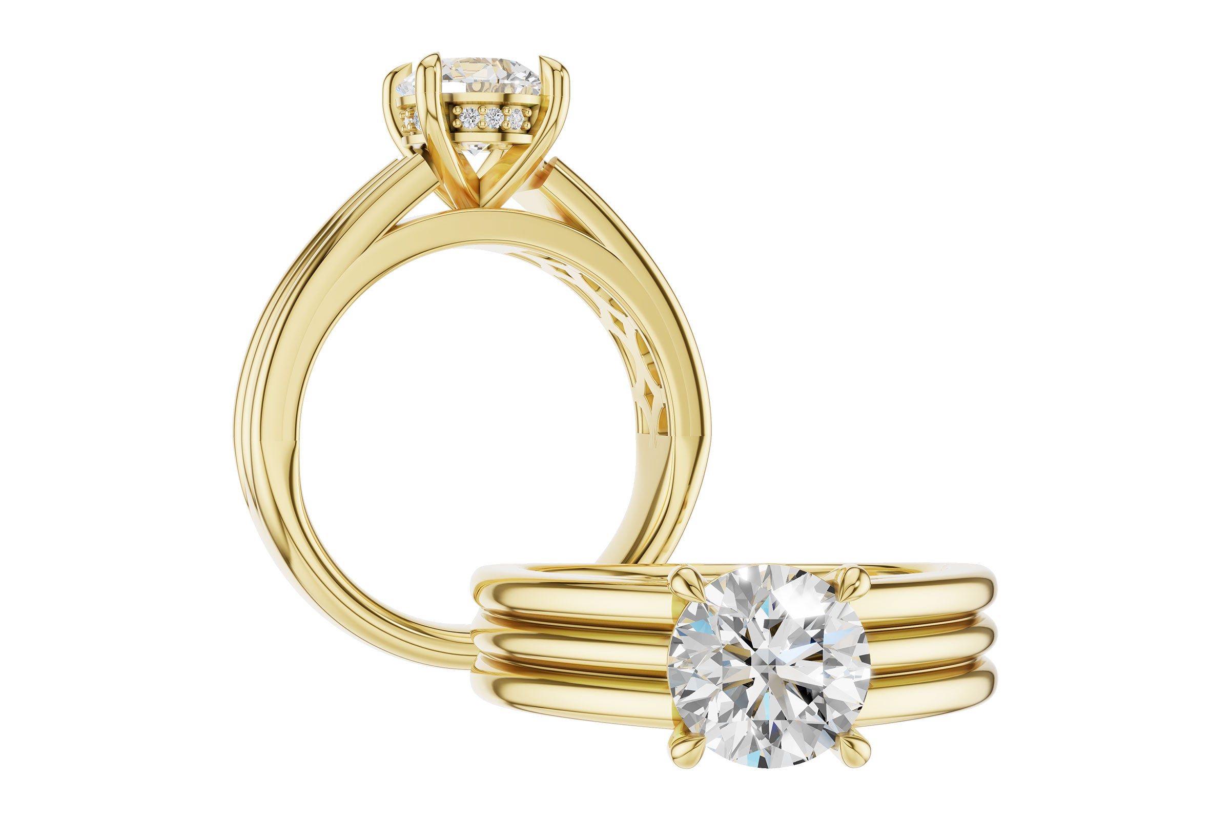 Sleek Solitaire Semi-Mount with Ribbed Shoulders and Hidden Diamond Halo in 14K Yellow Gold