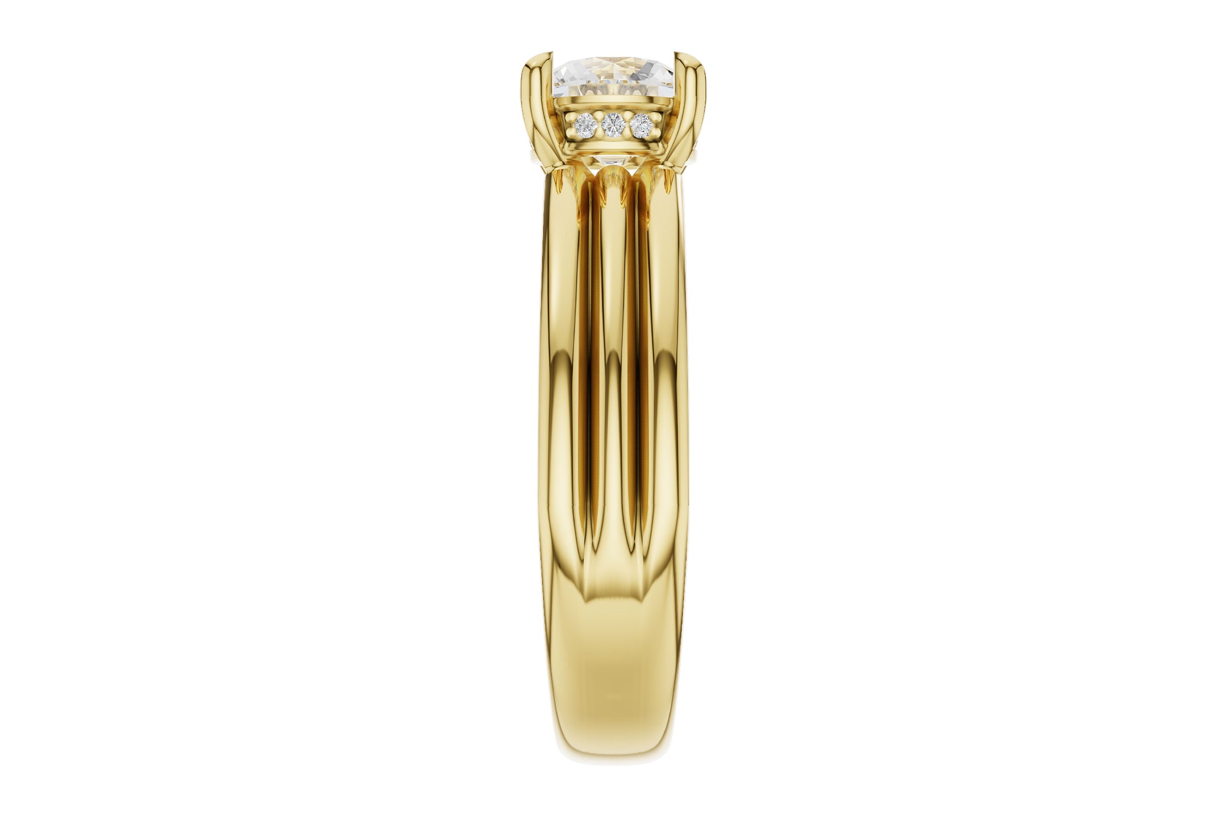 Sleek Solitaire Semi-Mount with Ribbed Shoulders and Hidden Diamond Halo in 14K Yellow Gold