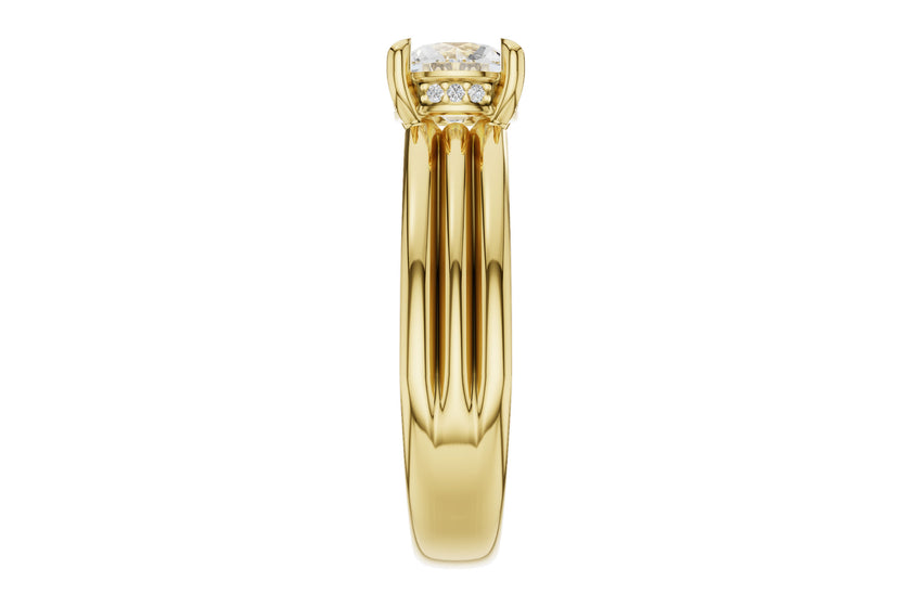 Sleek Solitaire Semi-Mount with Ribbed Shoulders and Hidden Diamond Halo in 14K Yellow Gold