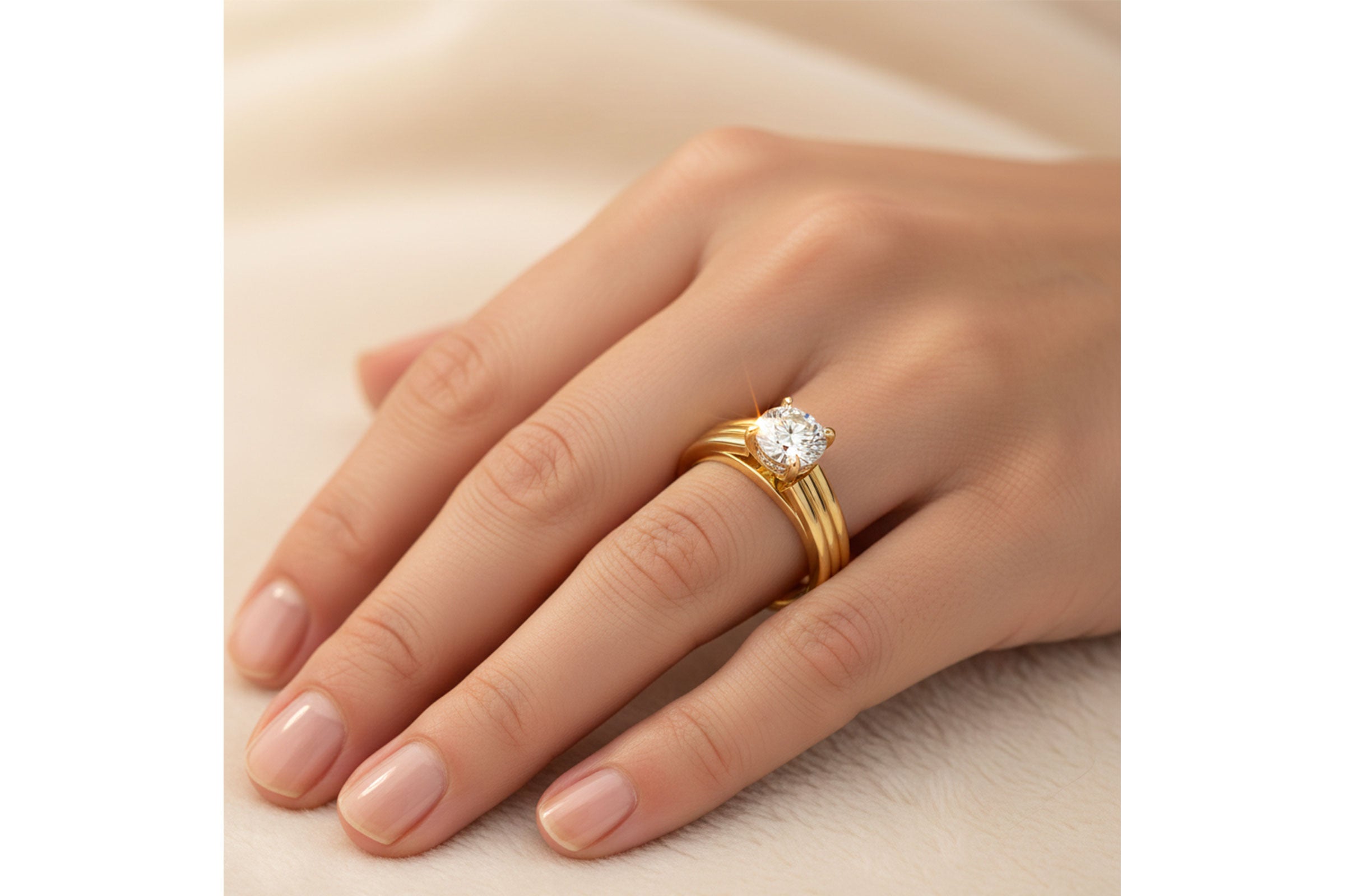 Sleek Solitaire Semi-Mount with Ribbed Shoulders and Hidden Diamond Halo in 14K Yellow Gold