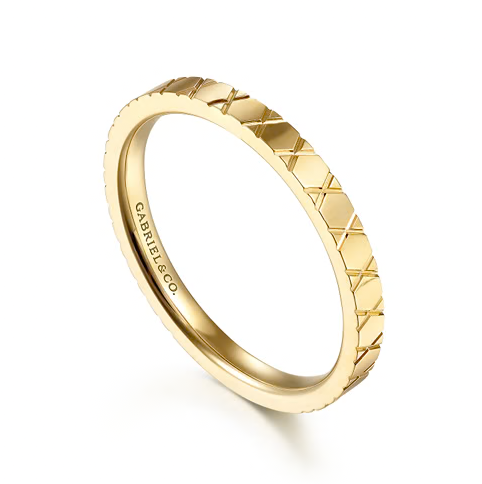 The Bujukan Collection Engraved Geometric Crosshatch Stackable Band in 14K Yellow Gold