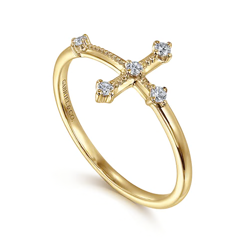 The Bujukan Collection Diamond Sideways Cross Beaded Ring in 14K Yellow Gold