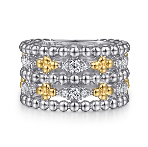 The Bujukan Collection Two-Tone Multi-Row Beaded White Sapphire Wide Statement Ring in Sterling Silver and 14K Gold