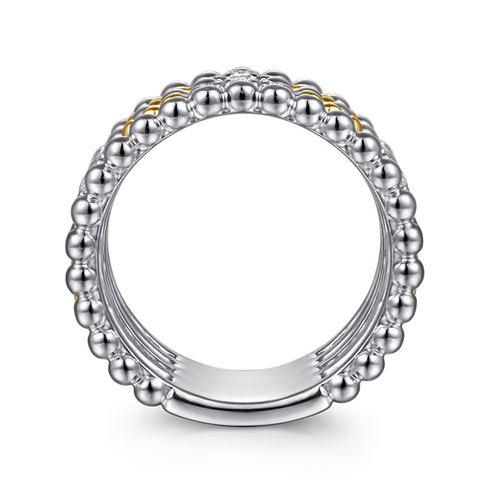 The Bujukan Collection Two-Tone Multi-Row Beaded White Sapphire Wide Statement Ring in Sterling Silver and 14K Gold