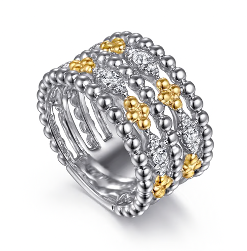 The Bujukan Collection Two-Tone Multi-Row Beaded White Sapphire Wide Statement Ring in Sterling Silver and 14K Gold