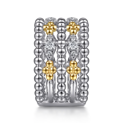 The Bujukan Collection Two-Tone Multi-Row Beaded White Sapphire Wide Statement Ring in Sterling Silver and 14K Gold