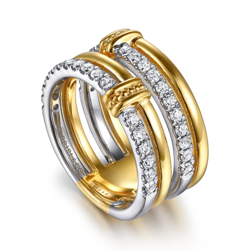 The Bujukan Collection Two-Tone Multi-Band Pavé Diamond Wide Stackable Ring in 14K Gold