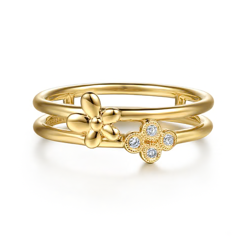 The Bujukan Collection Double-Band Sculpted Flower and Pavé Diamond Clover Ring in 14K Yellow Gold
