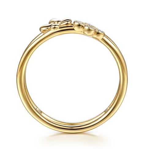 The Bujukan Collection Double-Band Sculpted Flower and Pavé Diamond Clover Ring in 14K Yellow Gold