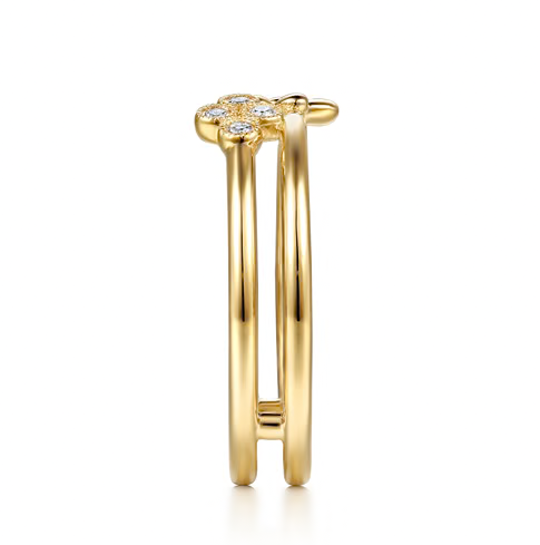 The Bujukan Collection Double-Band Sculpted Flower and Pavé Diamond Clover Ring in 14K Yellow Gold