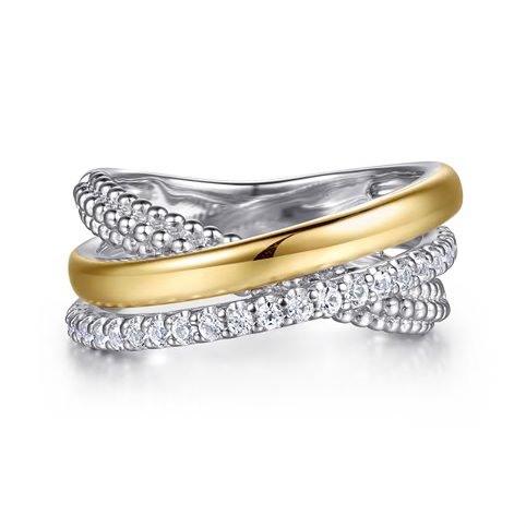 The Bujukan Collection Two-Tone Multi-Row Crossover White Sapphire Ring in Sterling Silver and 14K Gold