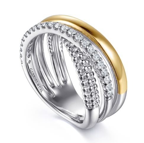 The Bujukan Collection Two-Tone Multi-Row Crossover White Sapphire Ring in Sterling Silver and 14K Gold