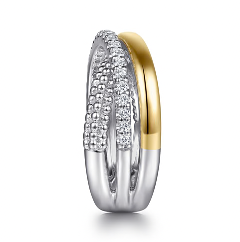 The Bujukan Collection Two-Tone Multi-Row Crossover White Sapphire Ring in Sterling Silver and 14K Gold