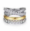 The Bujukan Collection Two-Tone Multi-Row Beaded and Pavé White Sapphire Wide Ring in Sterling Silver and 14K Gold