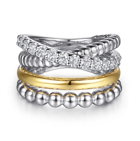 The Bujukan Collection Two-Tone Multi-Row Beaded and Pavé White Sapphire Wide Ring in Sterling Silver and 14K Gold