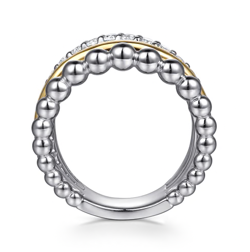 The Bujukan Collection Two-Tone Multi-Row Beaded and Pavé White Sapphire Wide Ring in Sterling Silver and 14K Gold