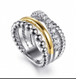 The Bujukan Collection Two-Tone Multi-Row Beaded and Pavé White Sapphire Wide Ring in Sterling Silver and 14K Gold
