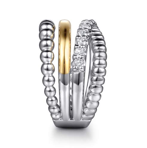 The Bujukan Collection Two-Tone Multi-Row Beaded and Pavé White Sapphire Wide Ring in Sterling Silver and 14K Gold