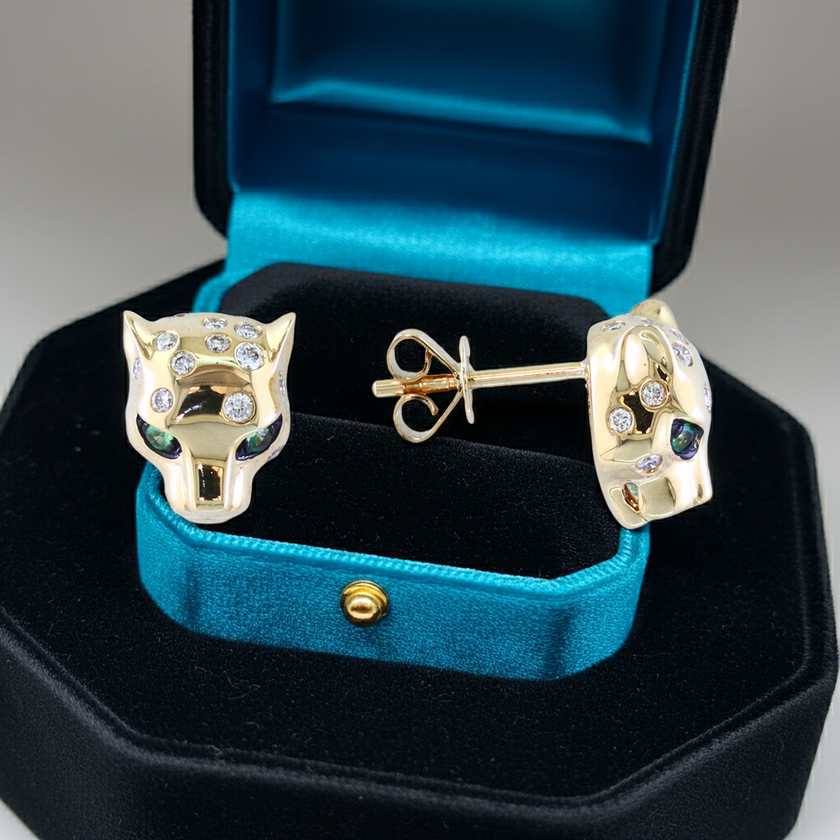 Cartier Inspired Diamond and Tsavorite Panther EFFY Stud Earrings in 14K