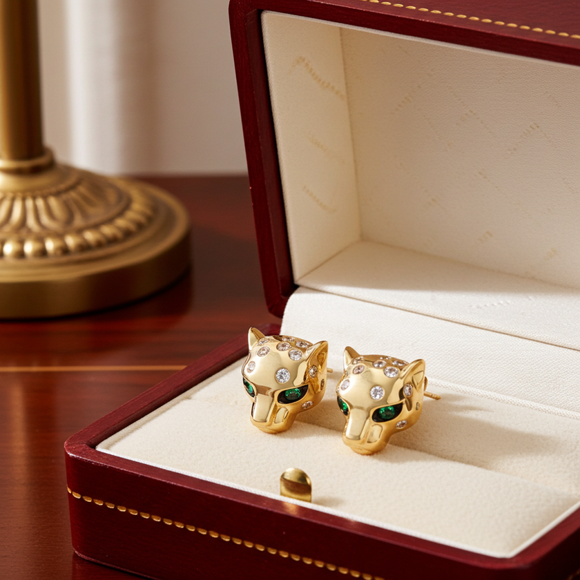 Cartier Inspired Diamond and Tsavorite Panther EFFY Stud Earrings in 14K