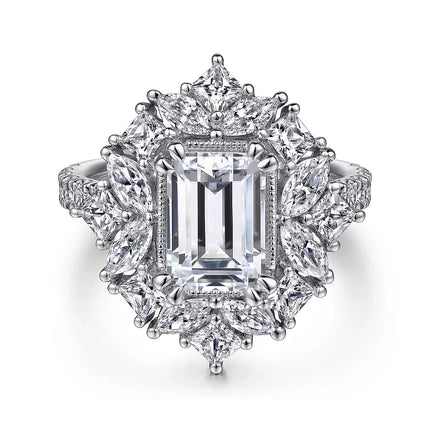 Outstanding Fancy Halo Emerald Cut Diamond Engagement Ring in 14K Gold | Gemma's Jewelers