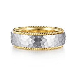 Mens 8mm Hammered Finish Rope Edge Wedding Band in 14K Gold | Gemmas Jewelers 1