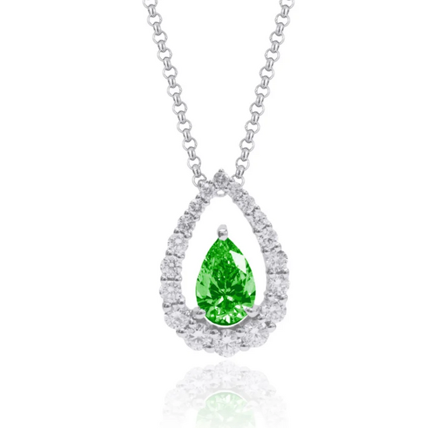 Enchanting Emerald & Diamond Pear Halo Pendant Necklace in 18K White Gold