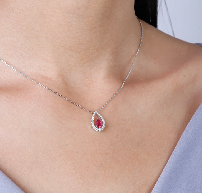 Enchanting Emerald & Diamond Pear Halo Pendant Necklace in 18K White Gold