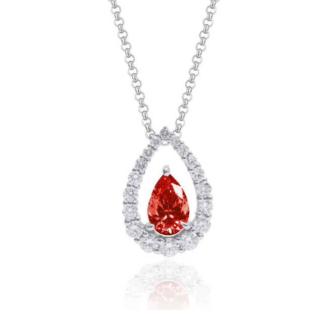 Vibrant Ruby & Diamond Pear Halo Pendant Necklace in 18K White Gold