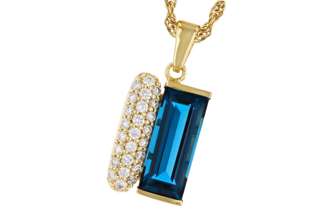 Radiant London Blue Topaz and Pave Diamond Necklace in 14K Gold