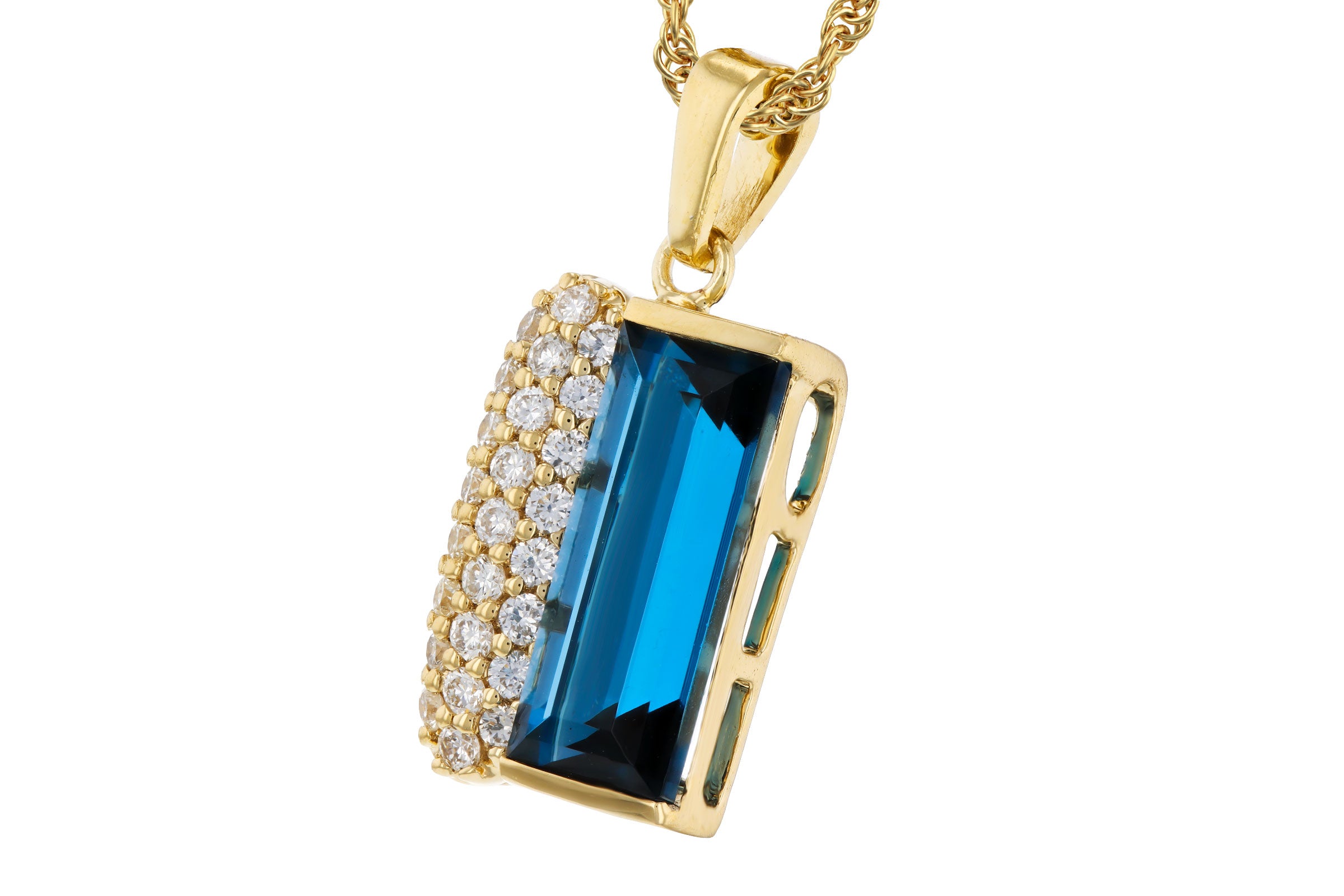 Radiant London Blue Topaz and Pave Diamond Necklace in 14K Gold