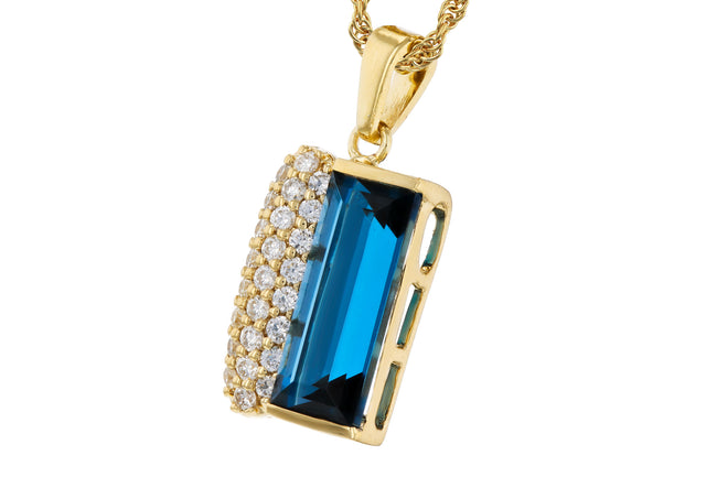 Radiant London Blue Topaz and Pave Diamond Necklace in 14K Gold