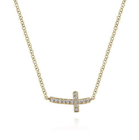 Pavé Diamond Sideways Cross Pendant Necklace in 14K Yellow Gold